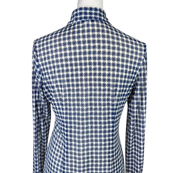Cabi 736 Blue & Cream Geometric Print Sheer Mesh Long Sleeve Button Up Blouse - Picture 7 of 13
